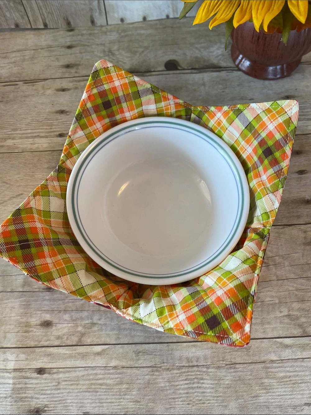 Microwave Bowl Cozy Fabric Bowl Fall/Autumn Mushrooms/Plaid Orange Brown Red
